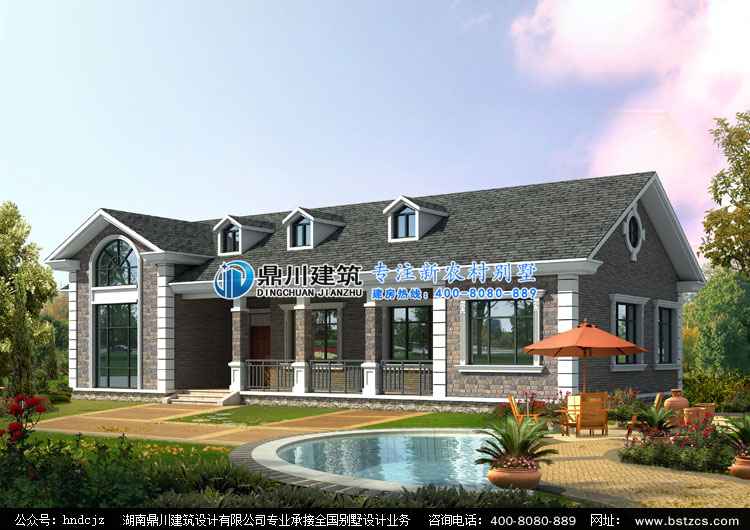 xc051农村一层带阁楼自建房屋设计图,鼎川建筑一层别墅图纸效果图
